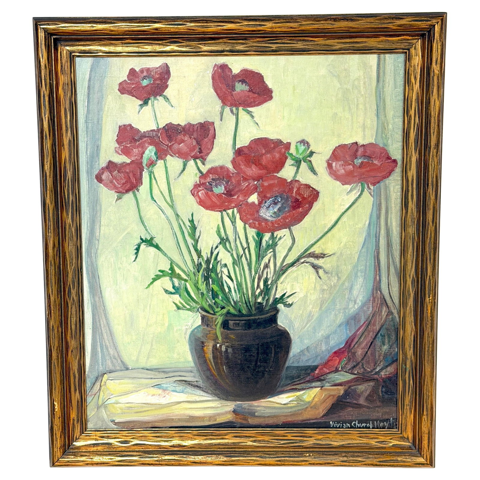 Still Life Floral Painting by Vivian Church Hoyt in Original Giltwood Frame: Still Life Floral Painting by Vivian Church Hoyt in Original Giltwood Frame This still life painting by Vivian Church Hoyt (1880-1957) features vibrant red poppies, rendered with expressive brushwork