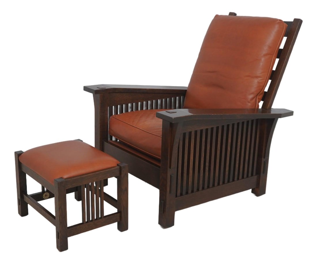 Mission Style Oak Reclining Morris Chair and Ottoman with Tooled Leather: Mission Style Oak Reclining Morris Chair and Ottoman with Tooled Leather This Stickley Mission oak Morris chair with matching ottoman features a reclining back and spindle sides in the Arts and Crafts