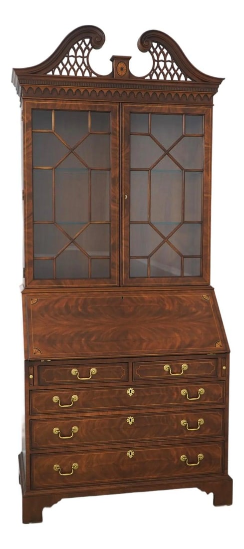 Inlaid Mahogany Secretary Desk with Bookcase and Lighted Interior (1 of 10)