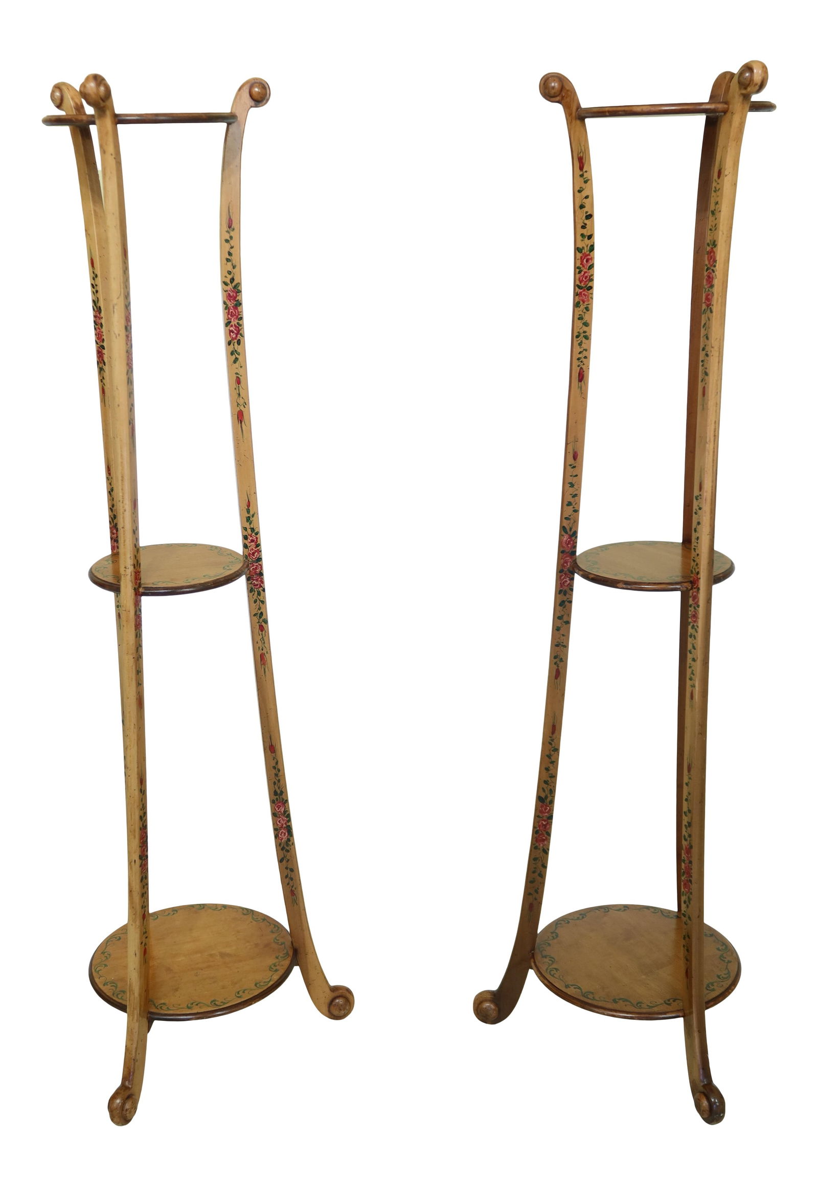 Pair of Adams Satinwood Plant Stands with Elegant Paint Decoration: Pair of Adams Satinwood Plant Stands with Elegant Paint Decoration This exquisite pair of Adams Satinwood plant stands showcases high-quality construction and elegant English style. Each stand feature