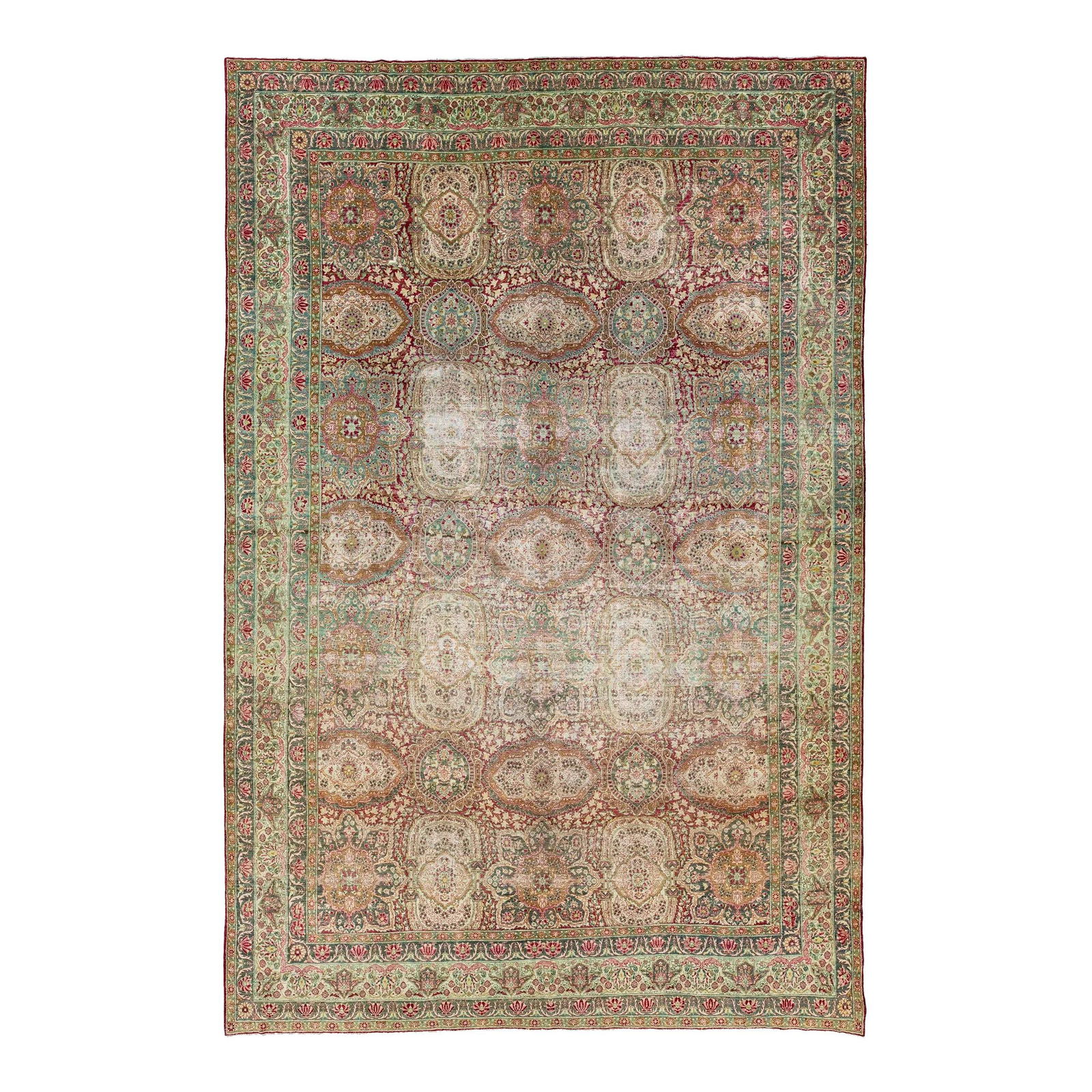 Antique Kerman Handmade Wool Rug Multicolor Floral 10'10 x 16'6: Antique Kerman Handmade Wool Rug Multicolor Floral 10'10 x 16'6 Discover the beauty of Persian craftsmanship with this exquisite hand-knotted wool rug from Kerman. Featuring a charming antique finish,