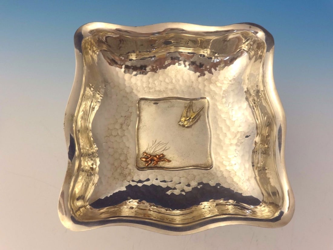 Whiting 1890s Sterling Square Bowl with Gold Bird and Copper Lizard: Whiting 1890s Sterling Square Bowl with Gold Bird and Copper Lizard This stunning square bowl, crafted from sterling silver by Whiting, showcases an exquisite combination of mixed metals. Dating back