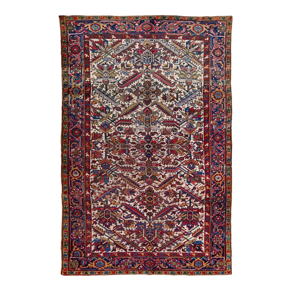 Antique Persian Heriz Handmade Wool Rug 6'8 x 10 Allover Floral Design: Antique Persian Heriz Handmade Wool Rug 6'8 x 10 Allover Floral Design This exquisite Antique Heriz rug showcases a stunning hand-knotted wool construction, featuring a rich navy-blue field complement