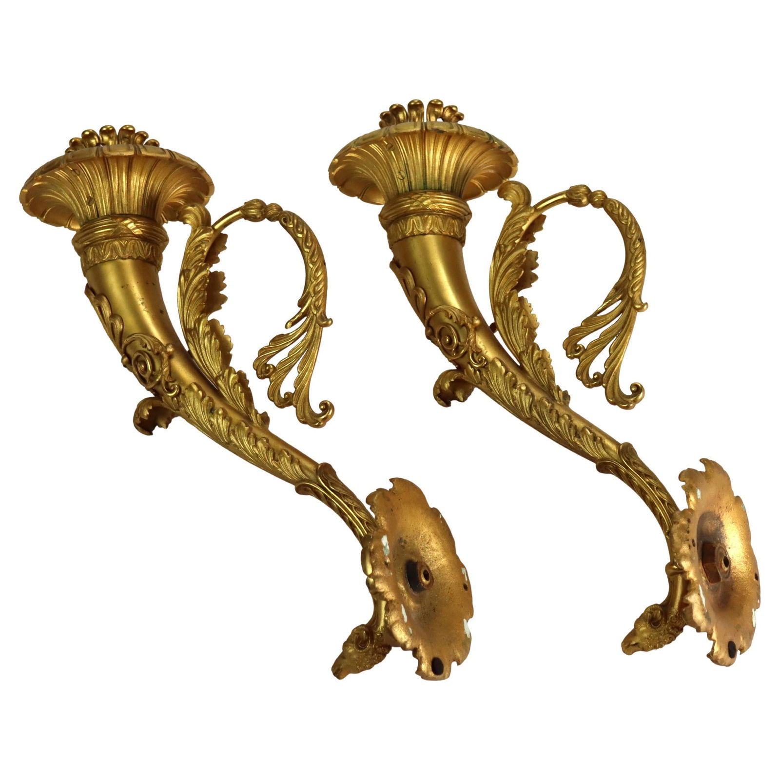Set of Two 19th Century French Empire Gilt Bronze Cornucopia Wall Sconces (1 of 8)