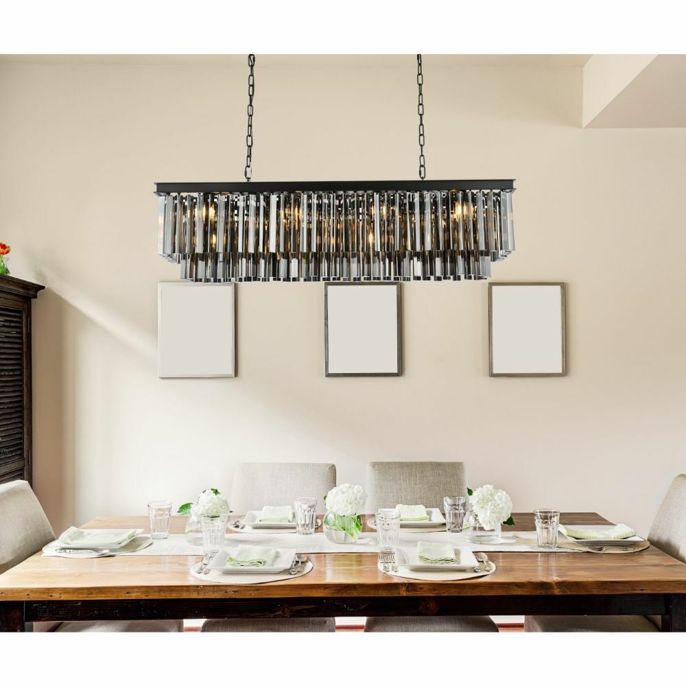 Sydney 12-Light Matte Black Chandelier with Silver Shade Crystals 50 Inch: Sydney 12-Light Matte Black Chandelier with Silver Shade Crystals 50 Inch This modern chandelier features a matte black rectangular frame adorned with royal cut silver shade (grey) glass crystals.