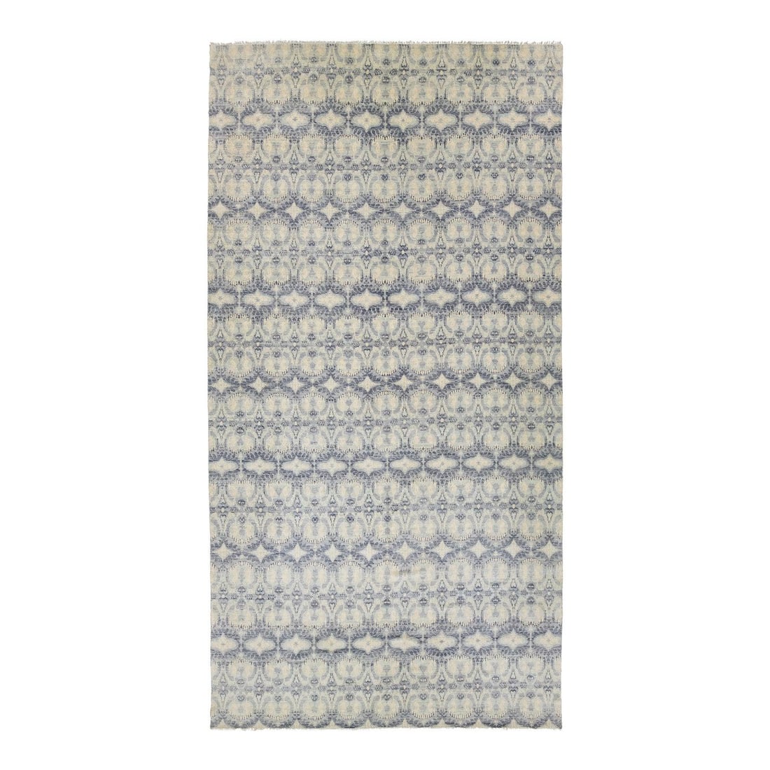 Contemporary Ikat Wool Rug 10'3 x 19'9 Pale Blue Design: Contemporary Ikat Wool Rug 10'3 x 19'9 Pale Blue Design Enhance your modern space with this stunning hand-knotted Ikat wool rug in a serene pale blue color. The all-over geometric design is beautifull