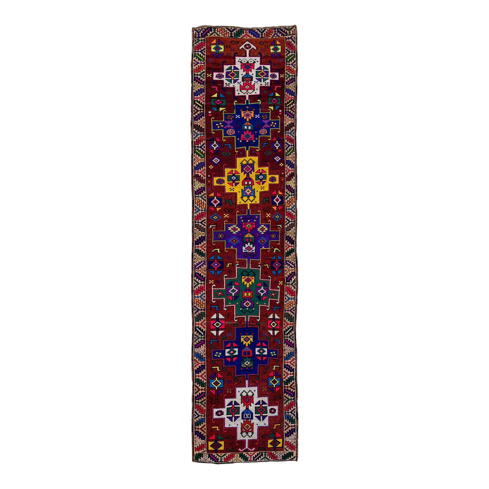 Vintage Turkish Handmade Wool Runner 3' x 12'10' Burgundy Tribal Design: Vintage Turkish Handmade Wool Runner 3' x 12'10' Burgundy Tribal Design Enhance your space with this stunning Vintage Turkish hand-knotted Wool Runner. Featuring a rich burgundy field, this rug is ele
