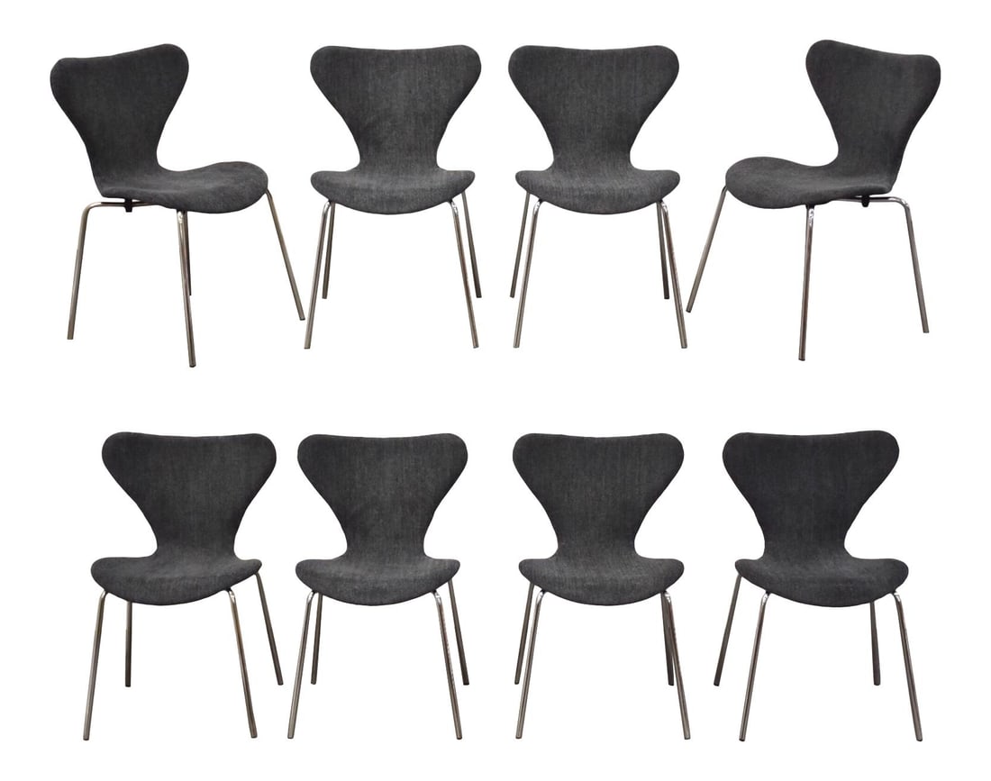 Mid Century Modern Arne Jacobsen Style Dining Chairs Set of 8: Mid Century Modern Arne Jacobsen Style Dining Chairs Set of 8 Elevate your dining experience with this stunning set of eight mid-century modern dining chairs inspired by the iconic designs of Arne Jac