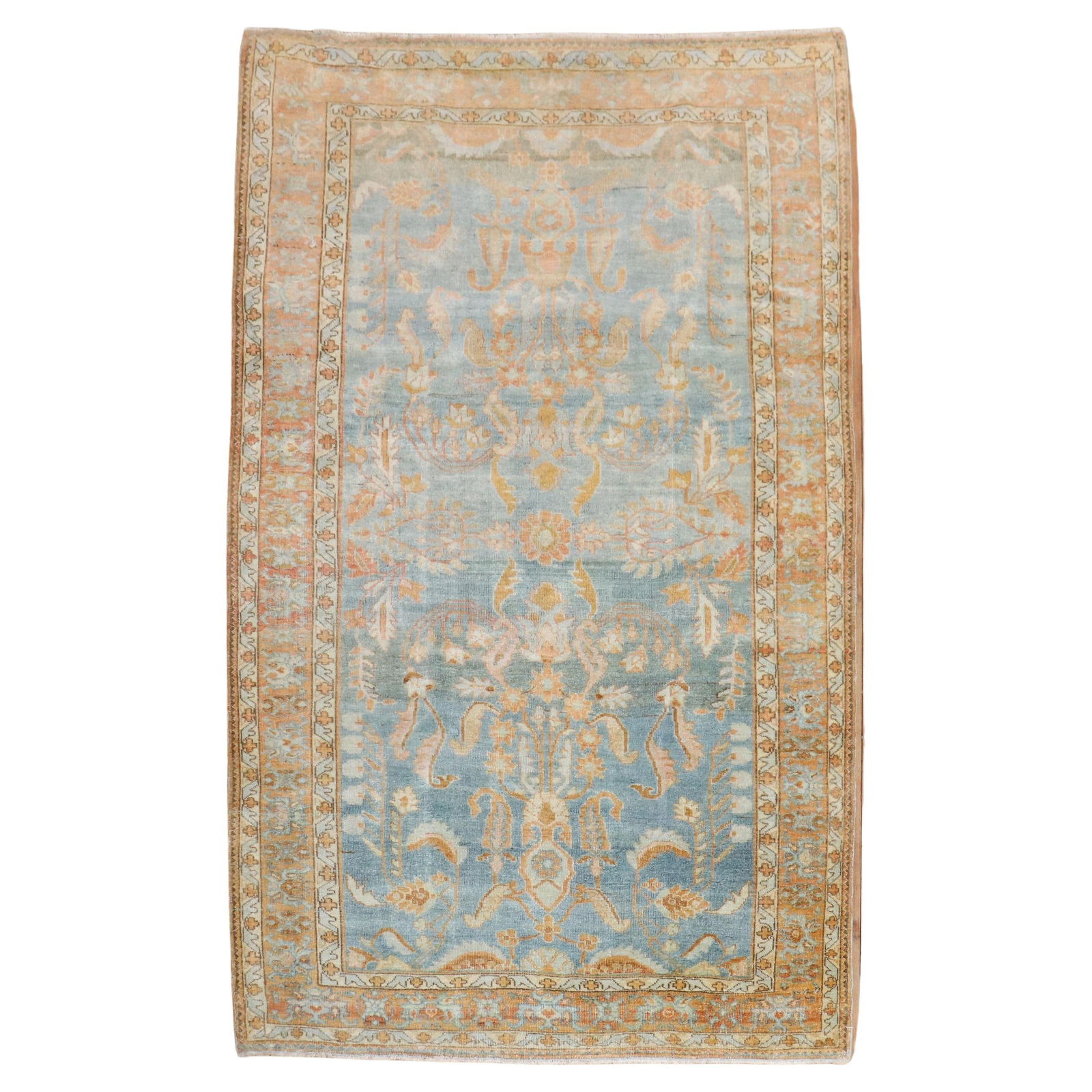 Zabihi Collection 1920s Sky Blue Peach Persian Sarouk Accent Rug: Zabihi Collection 1920s Sky Blue Peach Persian Sarouk Accent Rug Discover the exquisite beauty of this early 20th-century Persian Sarouk accent rug, featuring a stunning sky blue field with peach acce