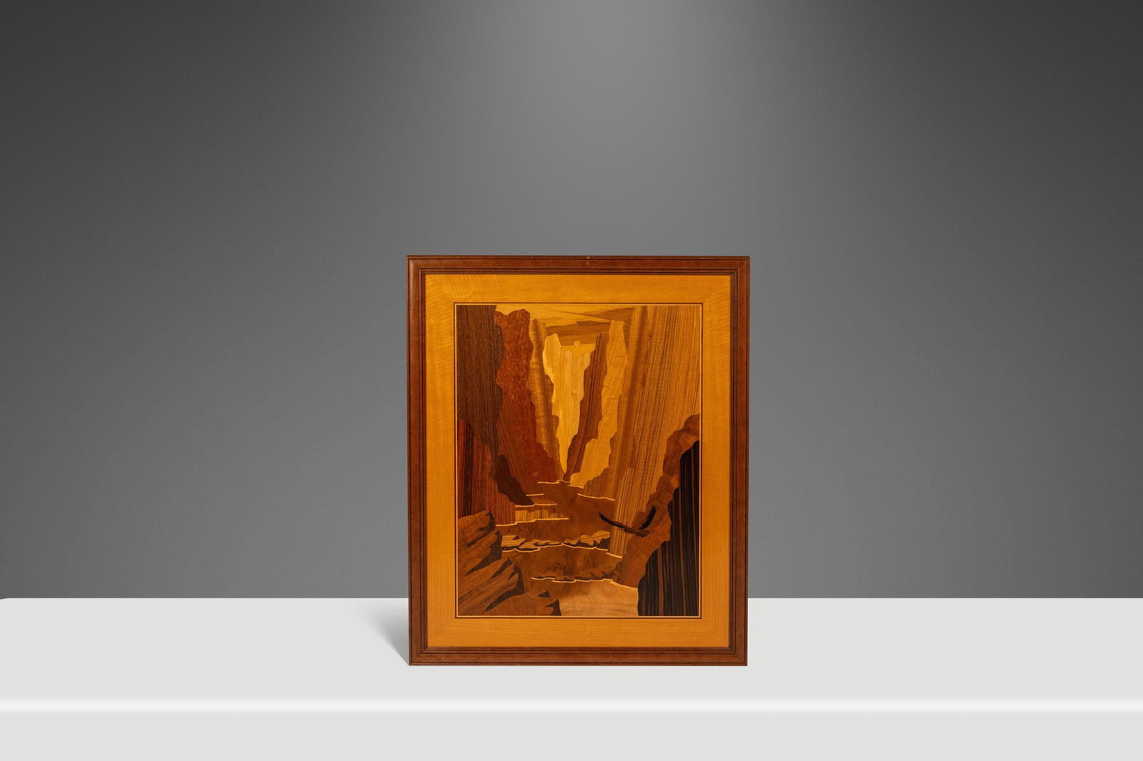 The Zion Narrows Framed Wood Marquetry Art by Hudson River Inlay: The Zion Narrows Framed Wood Marquetry Art by Hudson River Inlay Introducing "The Zion Narrows" by Hudson River Inlay, a stunning framed wood marquetry art piece crafted from Walnut, Maple, and Myrtle