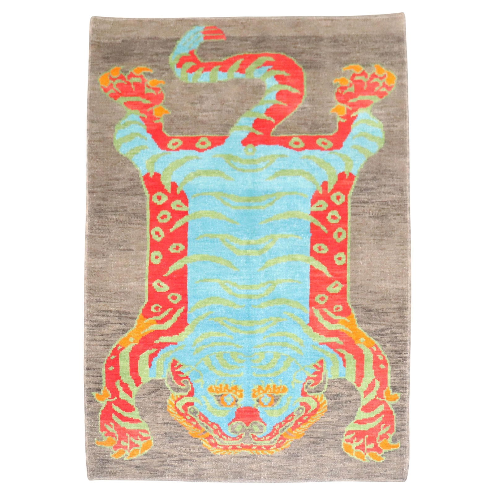 Hand-Knotted Wool Turkish Rug With Modern Tiger Design Inspired by Vintage Motifs: Hand-Knotted Wool Turkish Rug With Modern Tiger Design Inspired by Vintage Motifs This modern Turkish rug features a bold, stylized tiger motif rendered in vivid hues of turquoise, coral red, lime gre