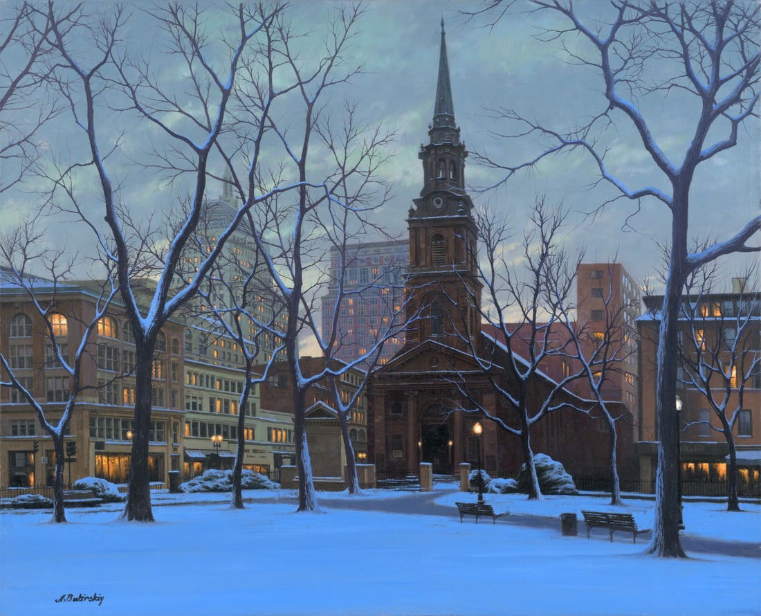 Alexei Butirskiy Arlington Church Snow Limited Edition Signed Giclee Canvas 32x26: Alexei Butirskiy Arlington Church Snow Limited Edition Signed Giclee Canvas 32x26 Experience the serene beauty of "Arlington Church Snowfall," a stunning limited edition giclee print on canvas by reno