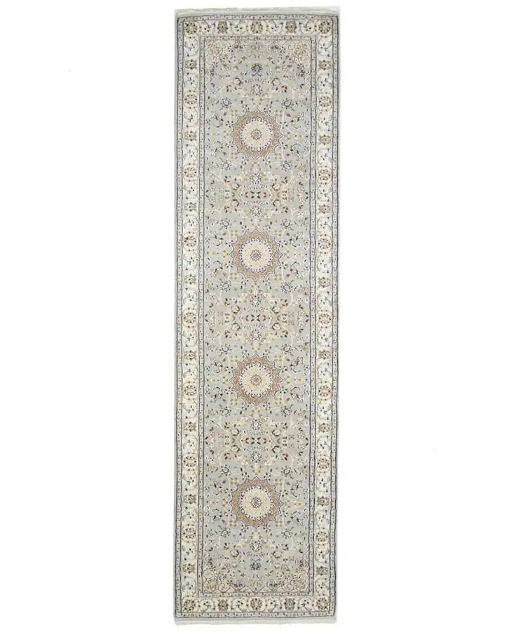 Hand-Knotted Light Blue Floral Wool Silk Runner Rug 2'10 x 10'4: Hand-Knotted Light Blue Floral Wool Silk Runner Rug 2'10 x 10'4 Enhance your space with this exquisite Hand-Knotted Light Blue Indo-Nain Runner Rug, a stunning piece that combines elegance and functio