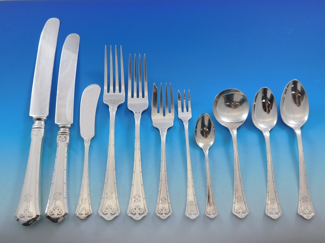Wallace Carmel Sterling Silver Flatware Set 140 pcs Arts & Crafts S Monogram (1 of 12)