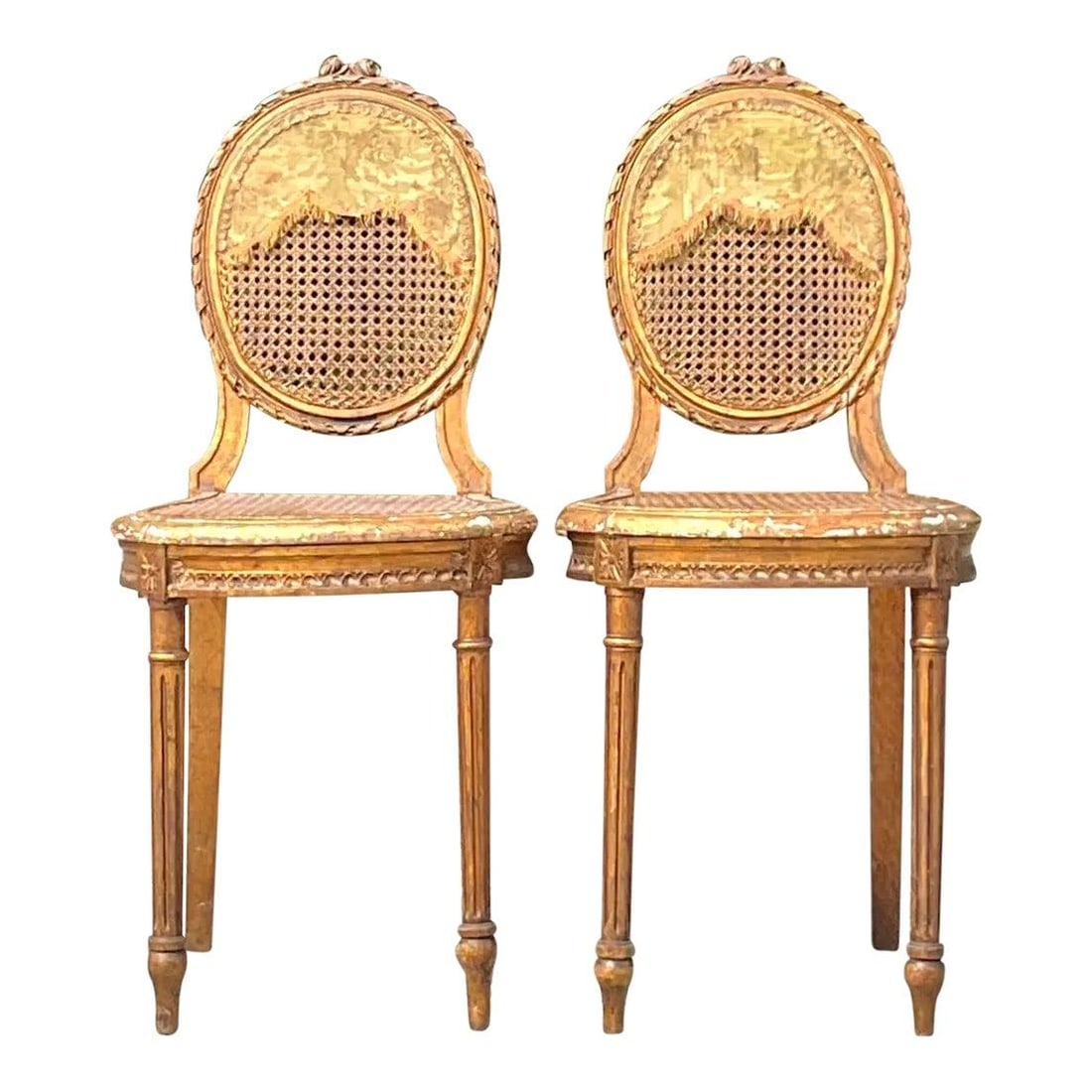 Vintage 18th Century Gesso Cane Medallion Chairs with Tapestry Detail: Vintage 18th Century Gesso Cane Medallion Chairs with Tapestry Detail Elevate your living space with these Vintage 18th Century Gesso and Cane Medallion Chairs. Designed with intricate tapestry detail