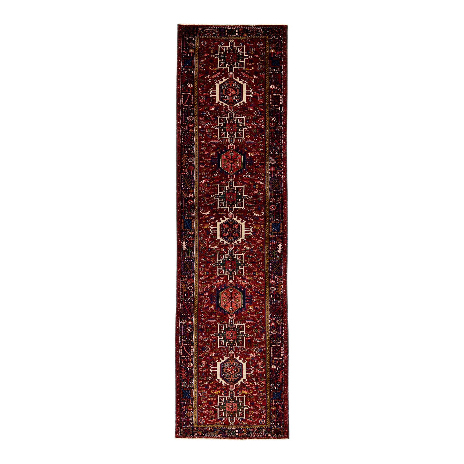 Vintage Persian Heriz Handmade Wool Runner Red 3'7 x 13'5 Geometric Design (1 of 10)