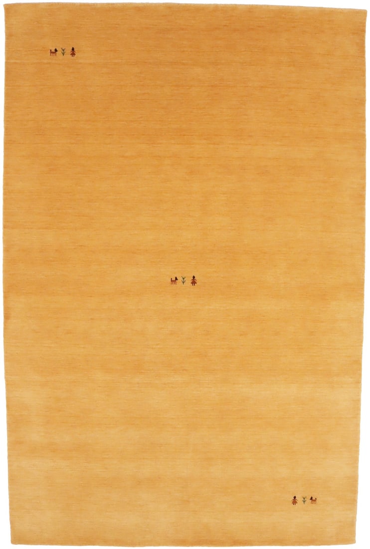 Modern Hand-Loomed Gabbeh Rug 5'2 x 8'1 Golden Peach Wool Area Rug: Modern Hand-Loomed Gabbeh Rug 5'2 x 8'1 Golden Peach Wool Area Rug Elevate your space with this stunning 5'2" x 8'1" Modern Gabbeh rug, featuring a beautiful golden peach color that complements a vari