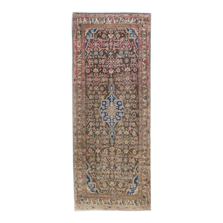 1960s Vintage Handmade Brown Medallion Wool Rug 3'8 x 9'0: 1960s Vintage Handmade Brown Medallion Wool Rug 3'8 x 9'0 This stunning vintage medallion rug features a hand-knotted design crafted from high-quality wool, showcasing a rich brown field adorned with
