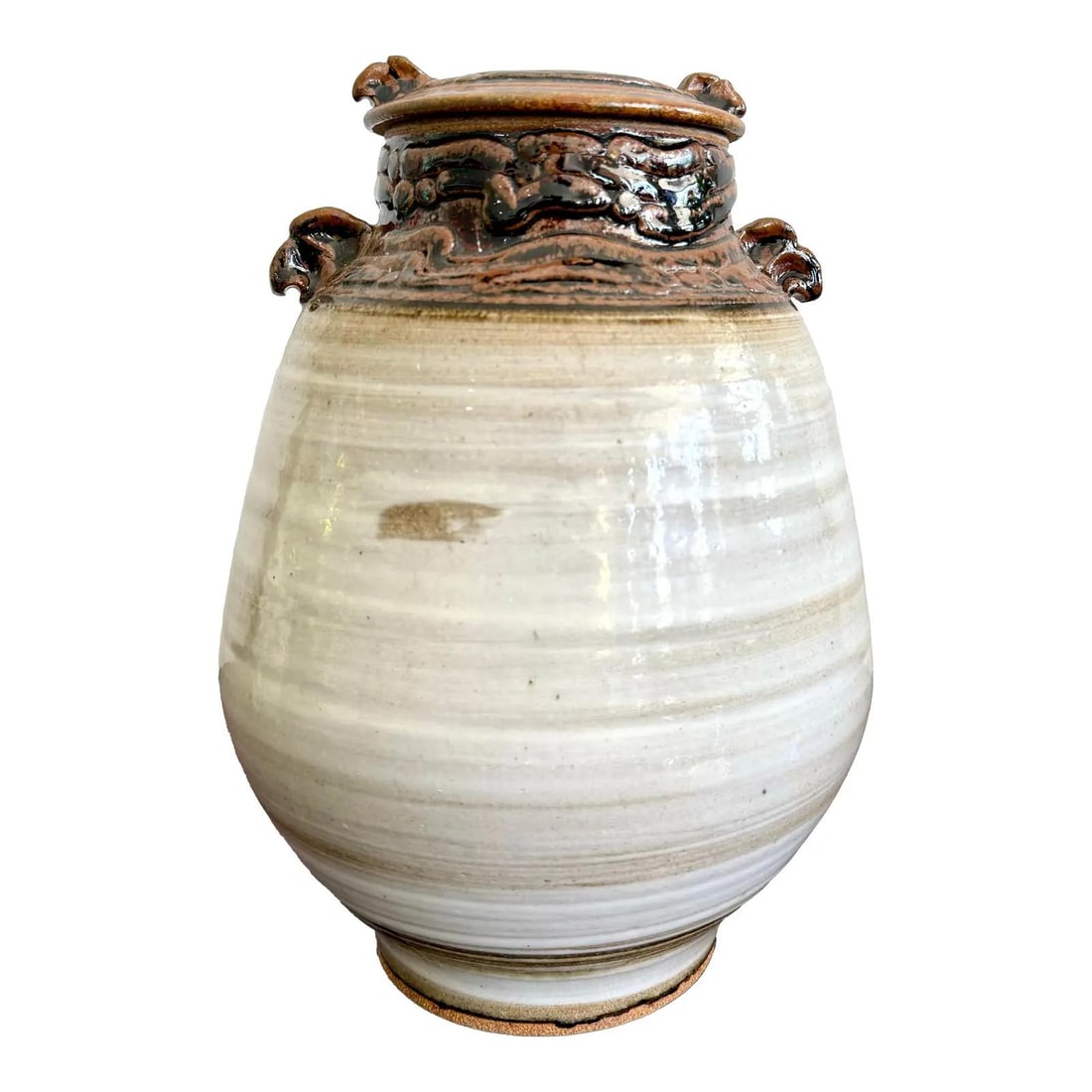 Vintage Boho Ceramic Jug With Lid and Four Handles: Vintage Boho Ceramic Jug With Lid and Four Handles This vintage Boho glazed ceramic jug with lid showcases a beautiful blend of rustic craftsmanship and elegant design. Its large, hand-thrown body fea