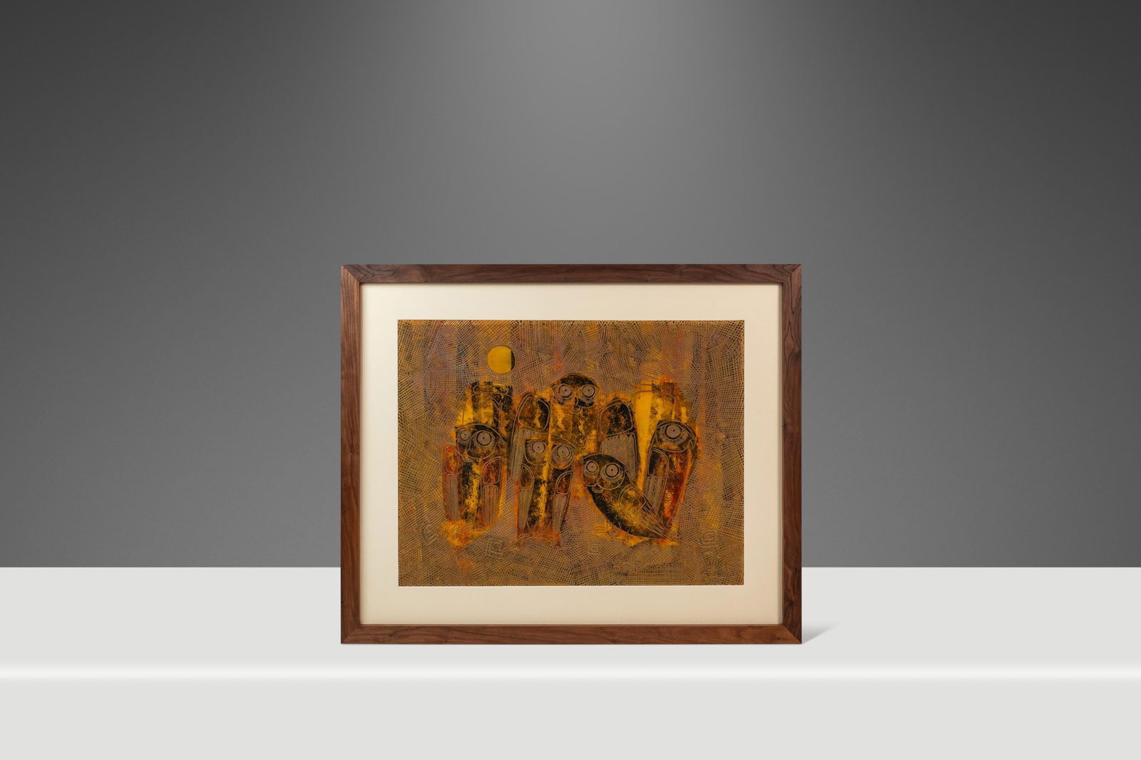 Rare 1960s Sukhya Earth Toned Owl Painting in Walnut Frame: Rare 1960s Sukhya Earth Toned Owl Painting in Walnut Frame This rare mid-century modern painting captures a captivating parliament of owls, beautifully rendered in warm earthy tones of orange, gold, a