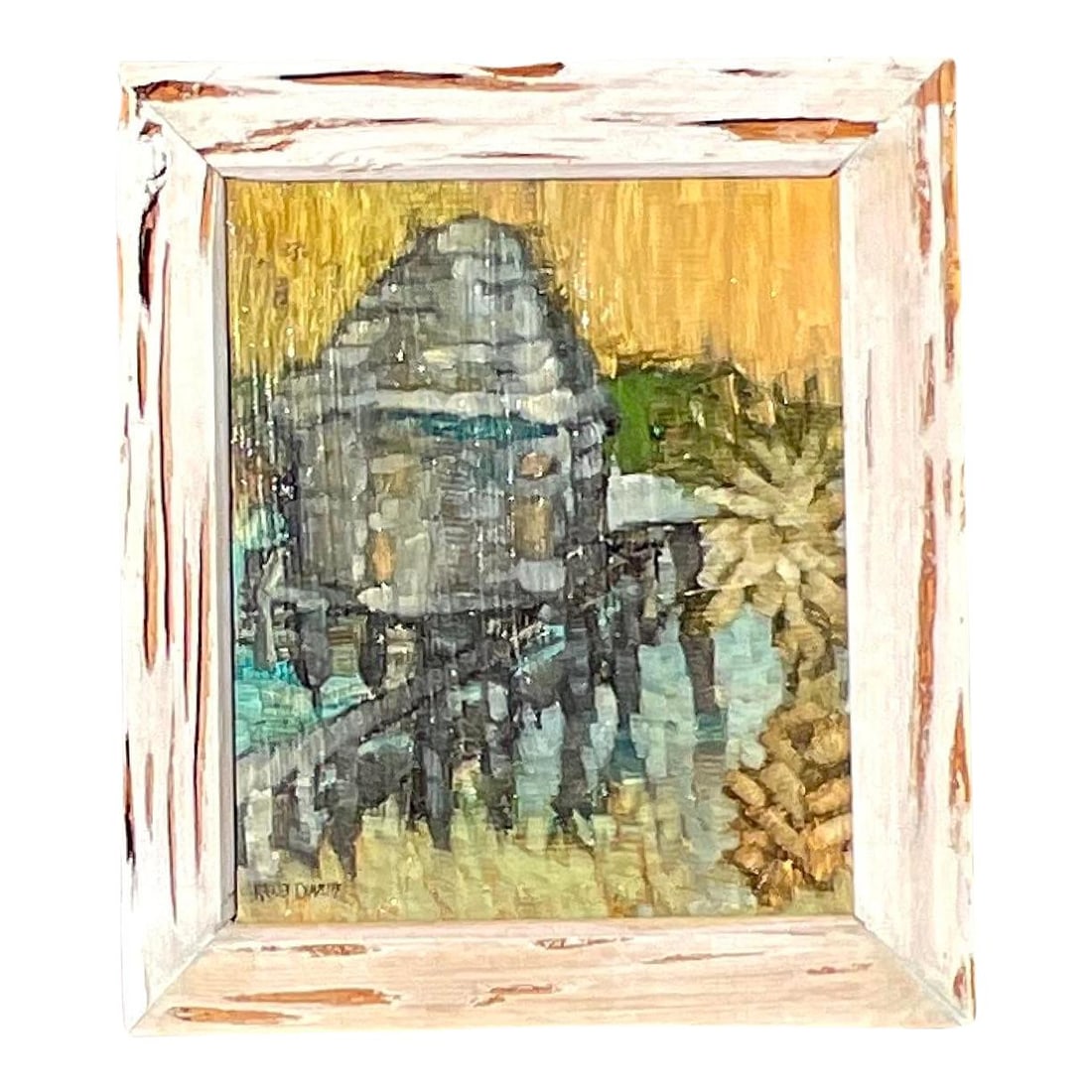 Vintage Boho Original Oil Painting with Cypress Frame 15 x 17.5: Vintage Boho Original Oil Painting with Cypress Frame 15 x 17.5 Discover the enchanting beauty of this Vintage Boho Original Oil Painting on Board, elegantly framed with cypress wood. This exquisite a