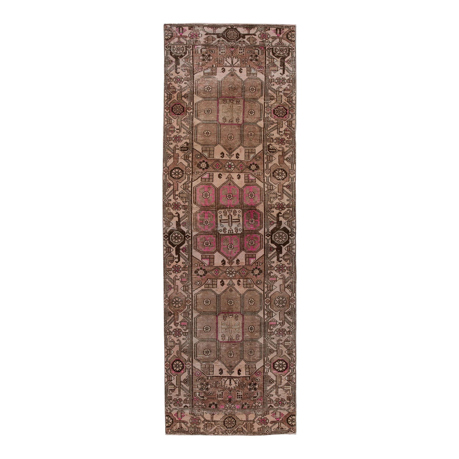 Vintage Persian Malayer Handmade Wool Runner 3'3 x 9'11 Brown Geometric Design: Vintage Persian Malayer Handmade Wool Runner 3'3 x 9'11 Brown Geometric Design Discover the elegance of this 1960s Vintage Persian Malayer handmade wool runner. Featuring a warm brown color field ador