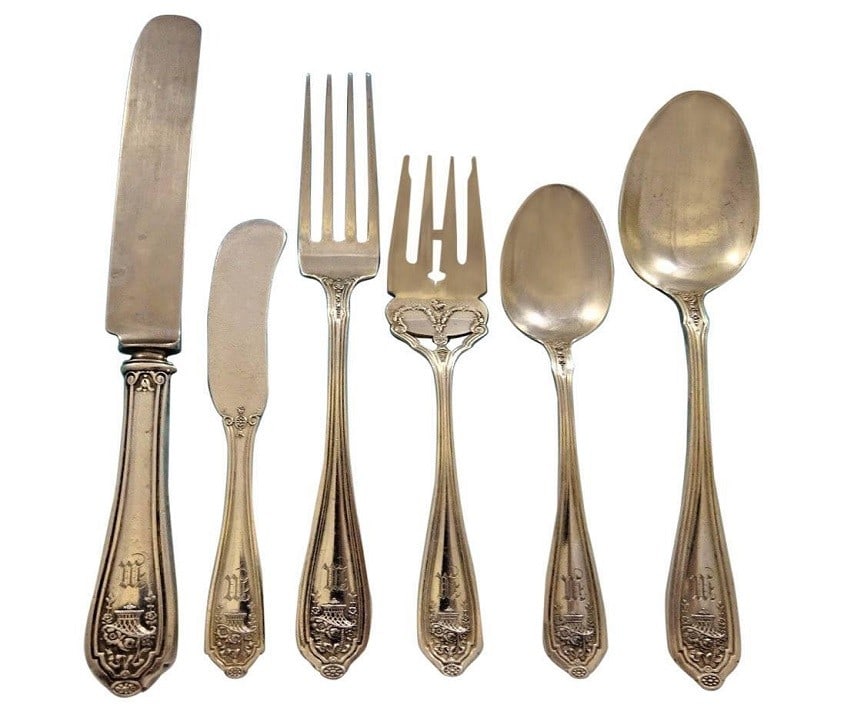 Dominick & Haff Basket of Flowers Sterling Silver Flatware Set 40 pcs with M Monogram: Dominick & Haff Basket of Flowers Sterling Silver Flatware Set 40 pcs with M Monogram This exquisite Basket of Flowers Sterling Silver Flatware Set by Dominick & Haff features a timeless design from t