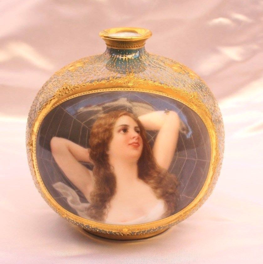 19th Century Royal Vienna Hand Painted Porcelain Vase Signed: 19th Century Royal Vienna Hand Painted Porcelain Vase Signed This exquisite 19th-century Royal Vienna vase is a stunning example of hand-painted porcelain art. The vase features a charming depiction o