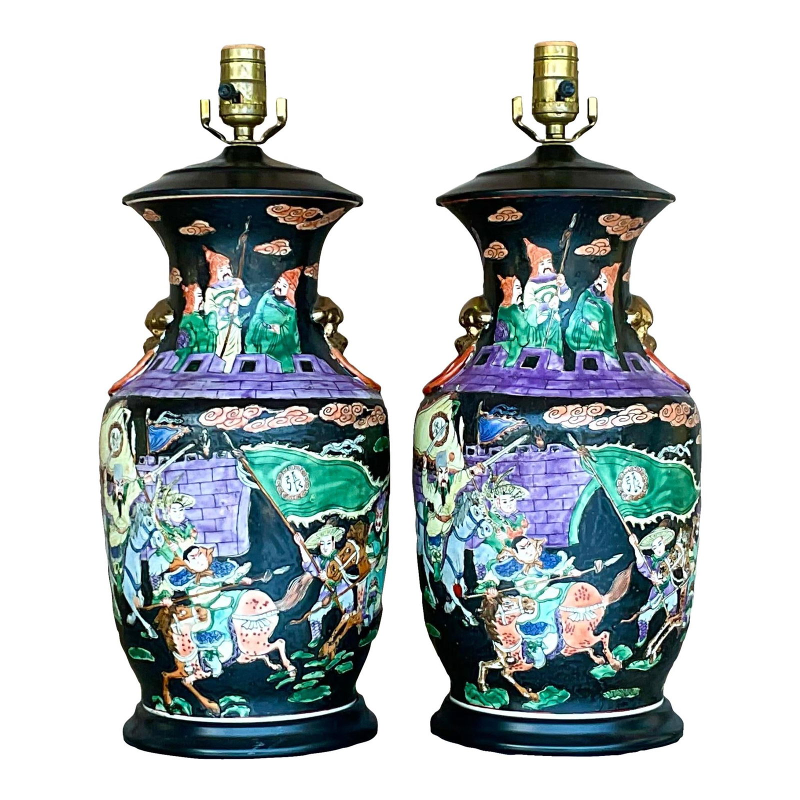 Vintage Asian Chinoiserie Ceramic Lamps Pair in Jewel Tones (1 of 7)