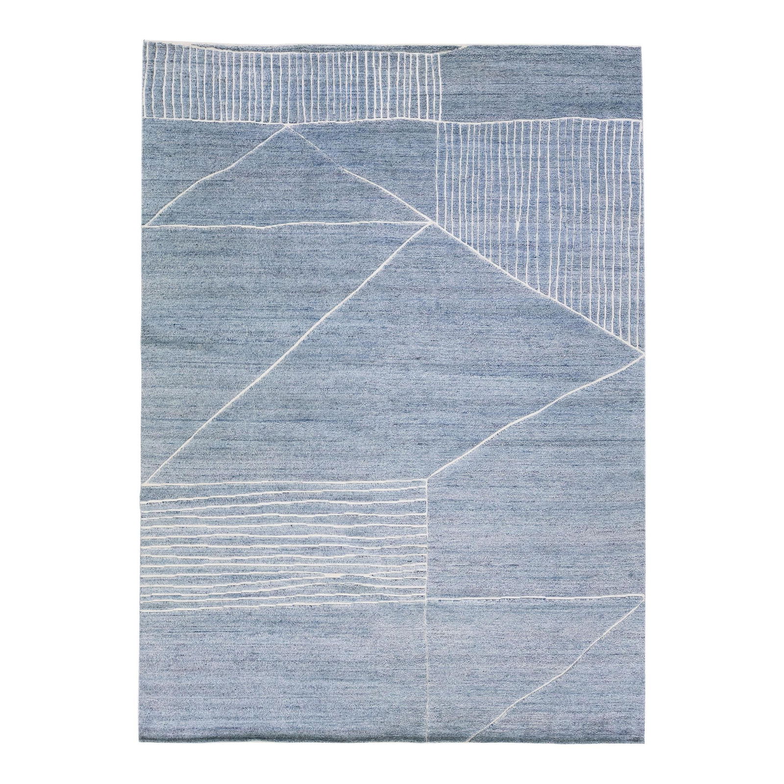 Handmade Wool Rug Light Blue Geometric Moroccan 10' x 13'10: Handmade Wool Rug Light Blue Geometric Moroccan 10' x 13'10 Enhance your space with this stunning modern Moroccan-style hand-knotted wool rug. Featuring a soft light blue color field, it showcases a s