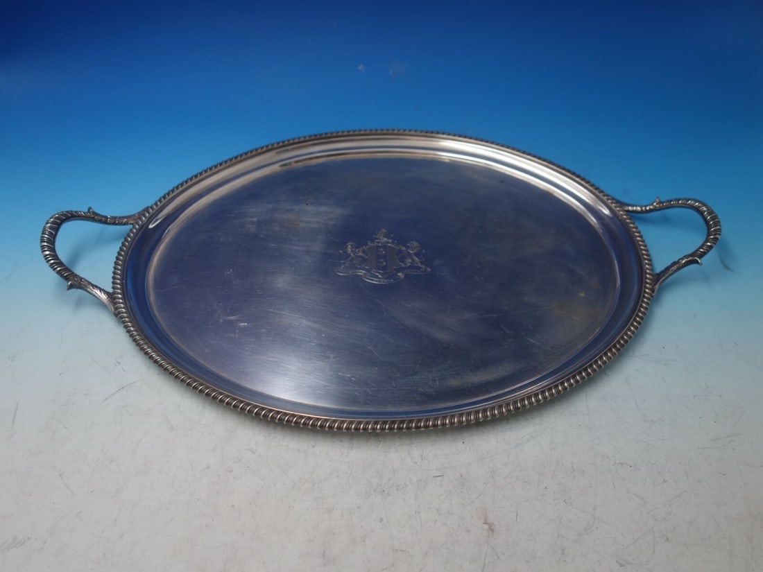 Gadroon Silverplate Serving Tray with Lion Crest 21" UK (1 of 5)