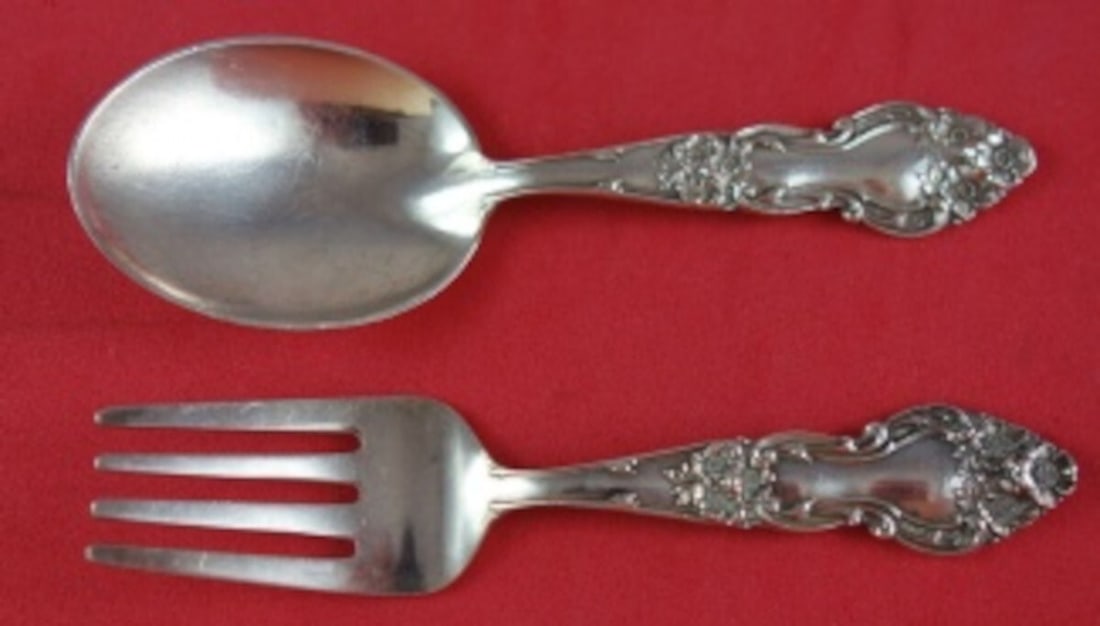 Wallace Meadow Rose Sterling Silver 2-Piece Baby Set 4 1/4 Inch: Wallace Meadow Rose Sterling Silver 2-Piece Baby Set 4 1/4 Inch This exquisite 2-piece baby set in the Meadow Rose pattern by Wallace is crafted from high-quality sterling silver. Measuring 4 1/4 inch