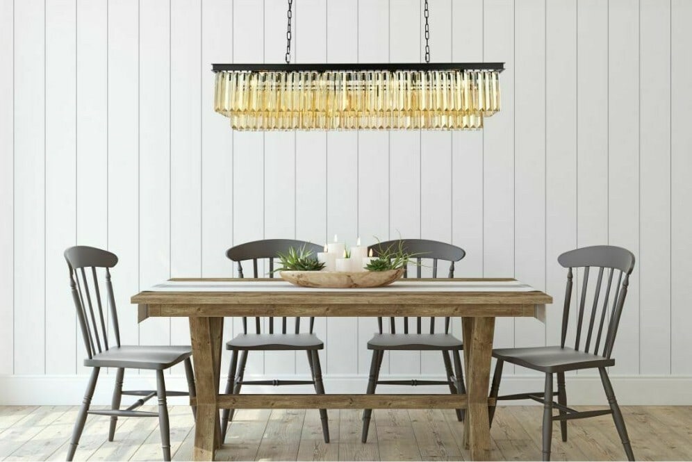 Sydney 12-Light Matte Black Chandelier with Golden Teak Crystals 60 Inch: Sydney 12-Light Matte Black Chandelier with Golden Teak Crystals 60 Inch This modern chandelier features a matte black rectangular frame adorned with golden teak color (smoky) crystal accents. Designe