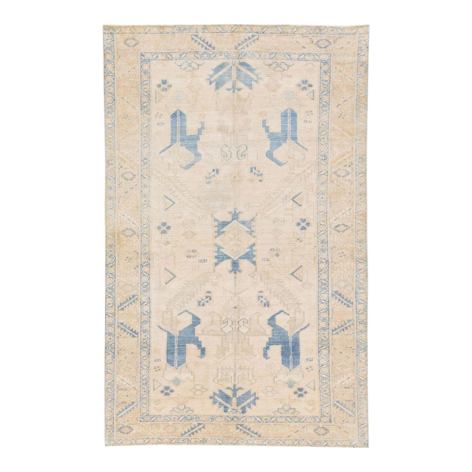 Antique Heriz Handmade Wool Rug Beige Blue Geometric 4'3 x 6'10 (1 of 8)