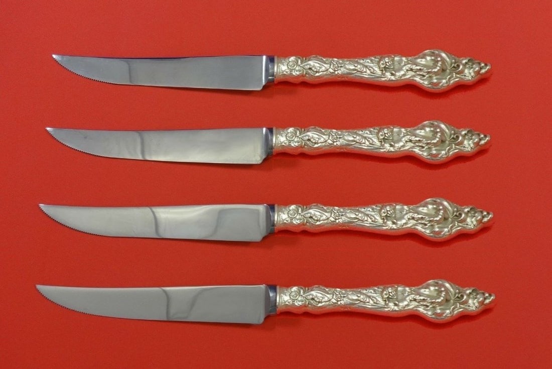 Reed & Barton Les Six Fleurs Sterling Silver Steak Knife Set 4pc (1 of 2)