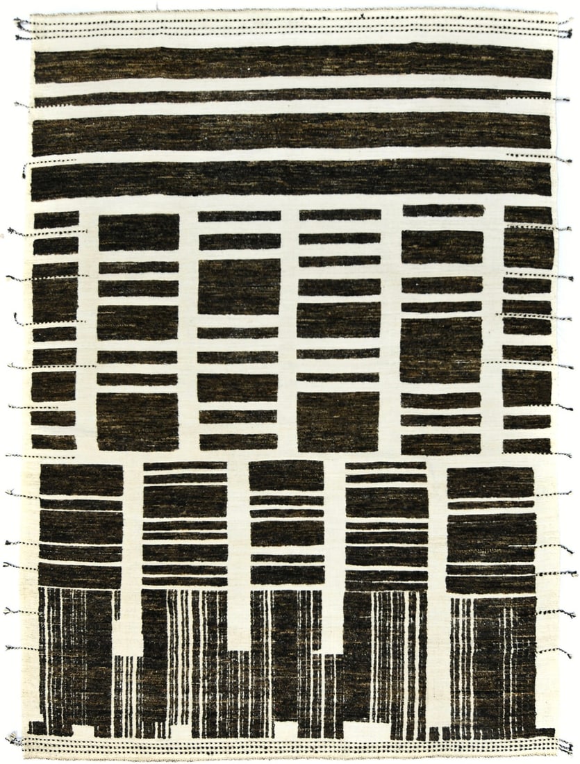 10'3 x 14'6 Wool Area Rug Modern Moroccan Abstract Hand-Knotted Carpet: 10'3 x 14'6 Wool Area Rug Modern Moroccan Abstract Hand-Knotted Carpet This extra large modern Moroccan-style area rug features an abstract pattern in dark brown, charcoal, and cream tones. Hand-knott