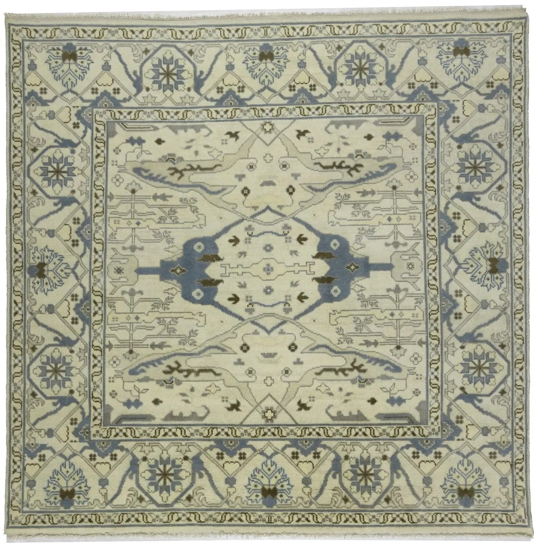 Square Wool Oushak Floral Area Rug Hand-Knotted 8x8 ft Modern Carpet: Square Wool Oushak Floral Area Rug Hand-Knotted 8x8 ft Modern Carpet This handmade Oushak Oriental rug features a traditional floral design in muted shades of cream, taupe, blue, and brown. Expertly h