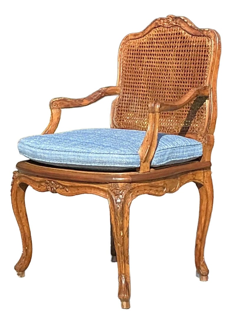 Vintage Regency Cane Fauteuil Chair with Floral Motif and Upholstered Cushion (1 of 10)