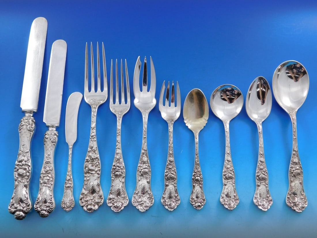 Shiebler American Beauty Sterling Silver Flatware Set 135pc Service for 12: Shiebler American Beauty Sterling Silver Flatware Set 135pc Service for 12 This exquisite American Beauty sterling silver flatware set by Shiebler features an elegant Art Nouveau design with a charmin