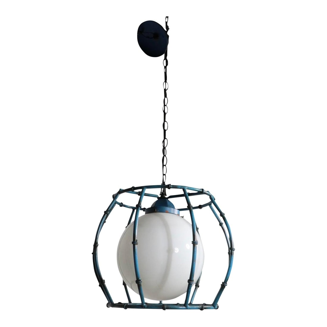 Vintage Blue Faux Bamboo Metal Chandelier With Glass Globe Shade: Vintage Blue Faux Bamboo Metal Chandelier With Glass Globe Shade This mid-century modern chandelier features a striking faux bamboo metal cage design surrounding a central glass ball shade. Finished i
