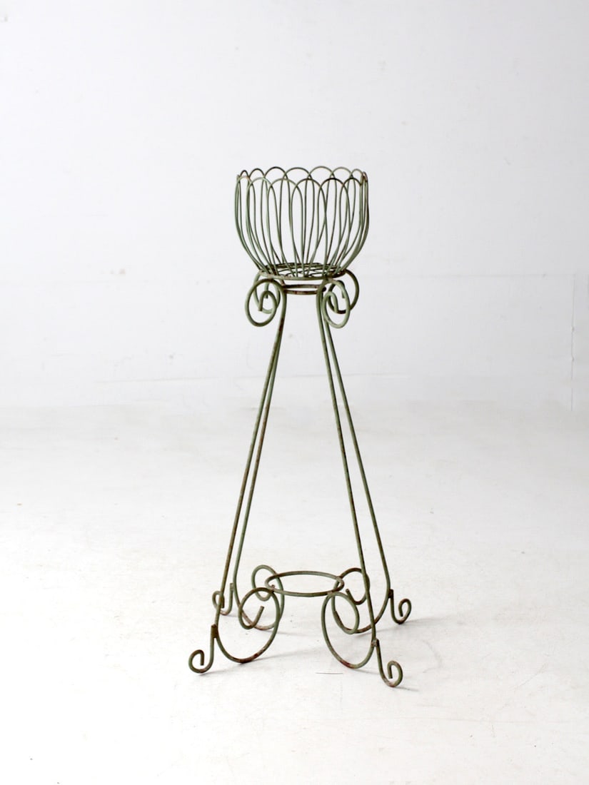 Vintage Wrought Iron Plant Stand Mint Green Decorative Scroll Feet (1 of 9)