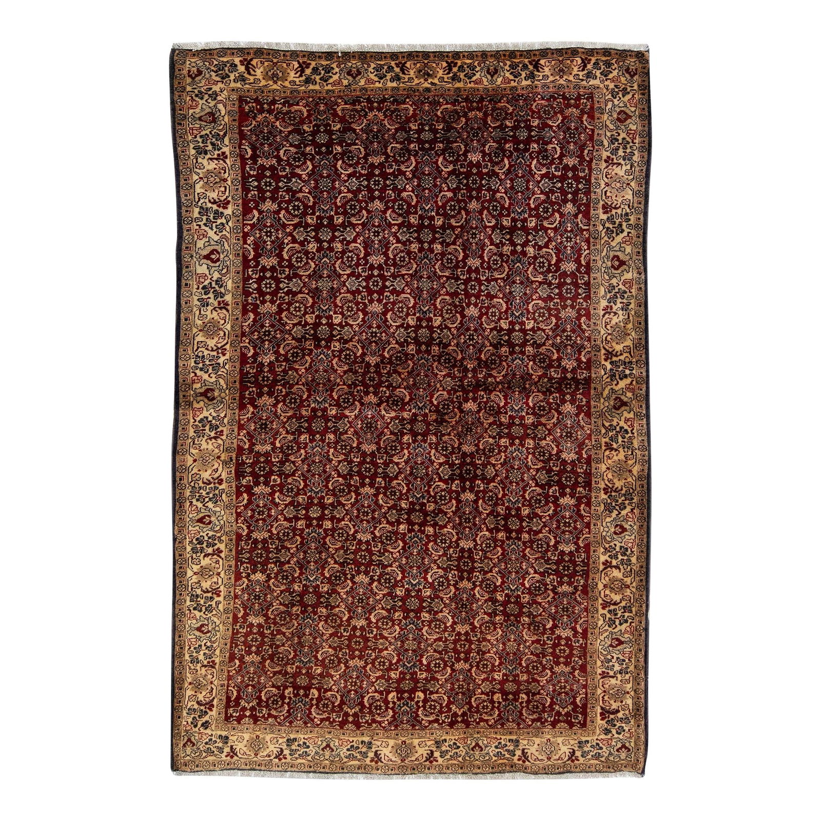 Vintage Bidjar Red Floral Hand-Knotted Wool Rug 4'9 x 7'1: Vintage Bidjar Red Floral Hand-Knotted Wool Rug 4'9 x 7'1 Discover this stunning 1960s vintage Bidjar rug, hand-knotted from high-quality wool. Featuring a vibrant red color field surrounded by a beig