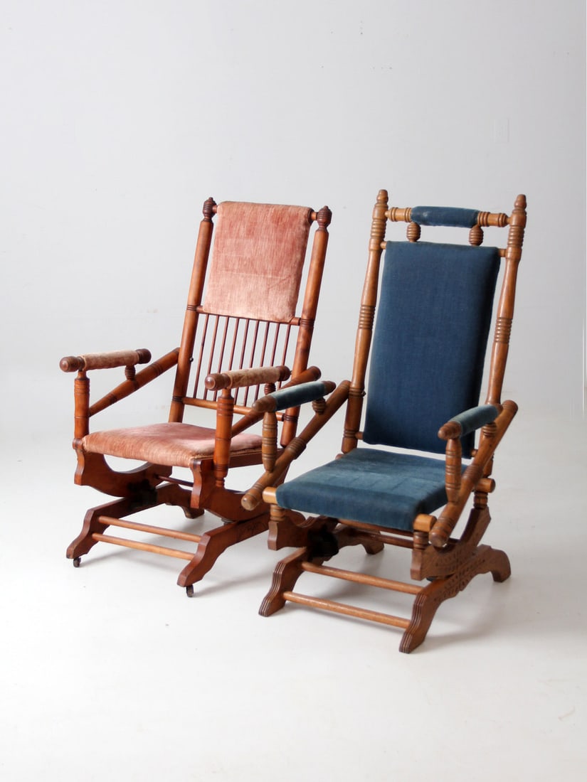 Victorian Eastlake Platform Rocking Chairs Pair in Navy and Pink (1 of 14)