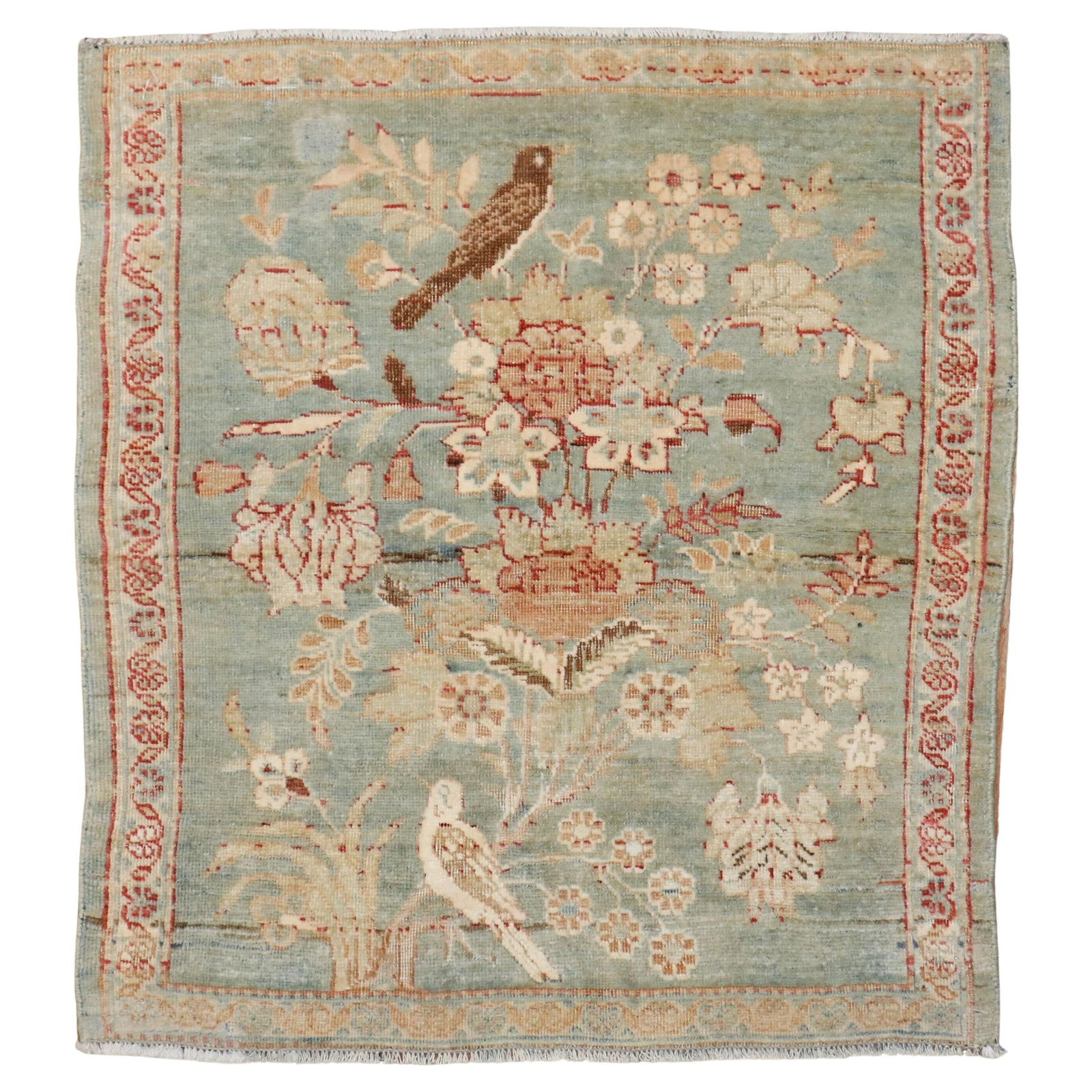 Late 19th Century Persian Kashan Pigeon Mat Celadon Green 21 x 22 in: Late 19th Century Persian Kashan Pigeon Mat Celadon Green 21 x 22 in Experience the elegance of this exquisite Persian pictorial mat from the Zabihi Collection, featuring a captivating celadon green c