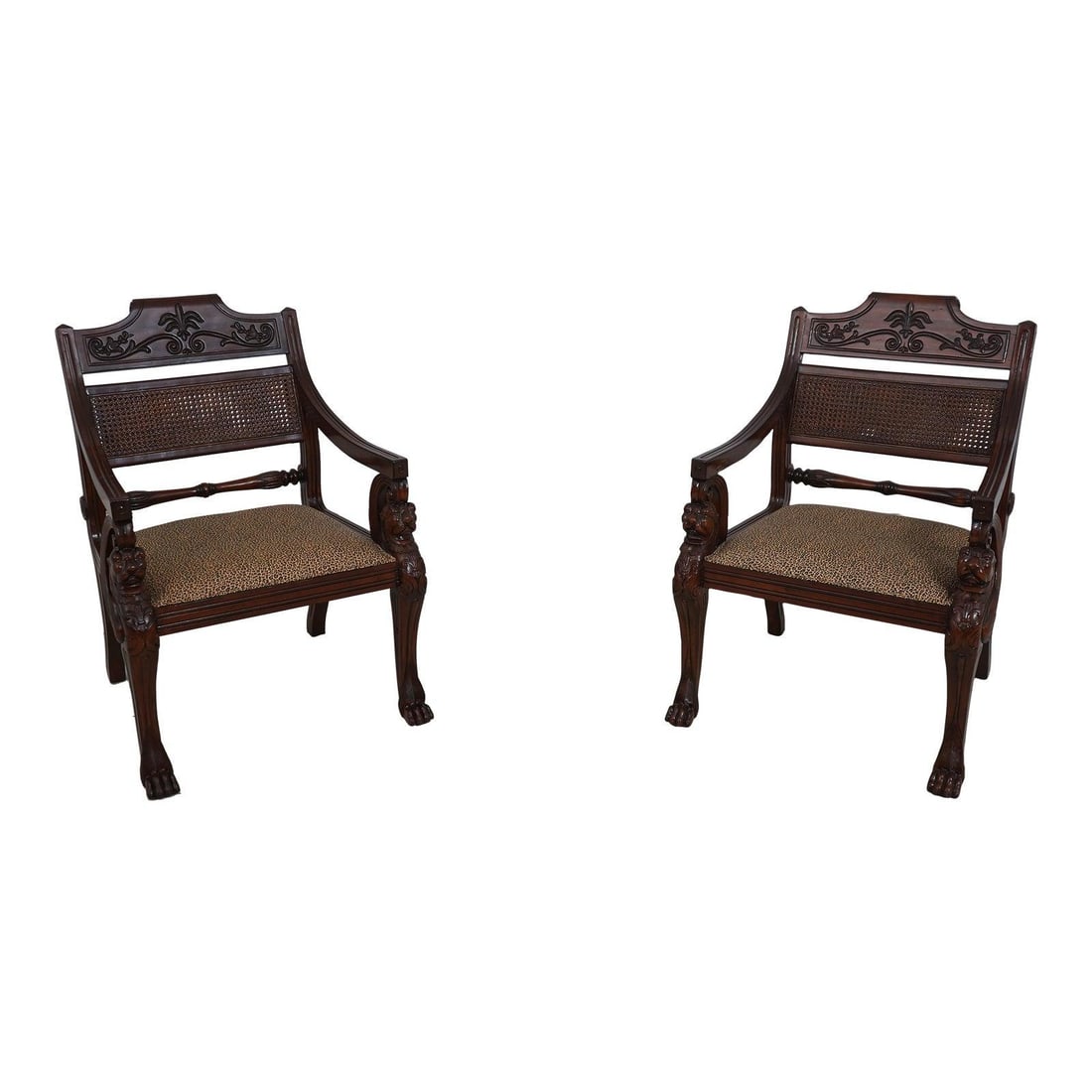 Maitland Smith Lion Head Regency Armchairs Brown Mahogany Cheetah Print Upholstery: Maitland Smith Lion Head Regency Armchairs Brown Mahogany Cheetah Print Upholstery Elevate your space with this stunning pair of Regency armchairs by Maitland Smith. Crafted from solid mahogany, these