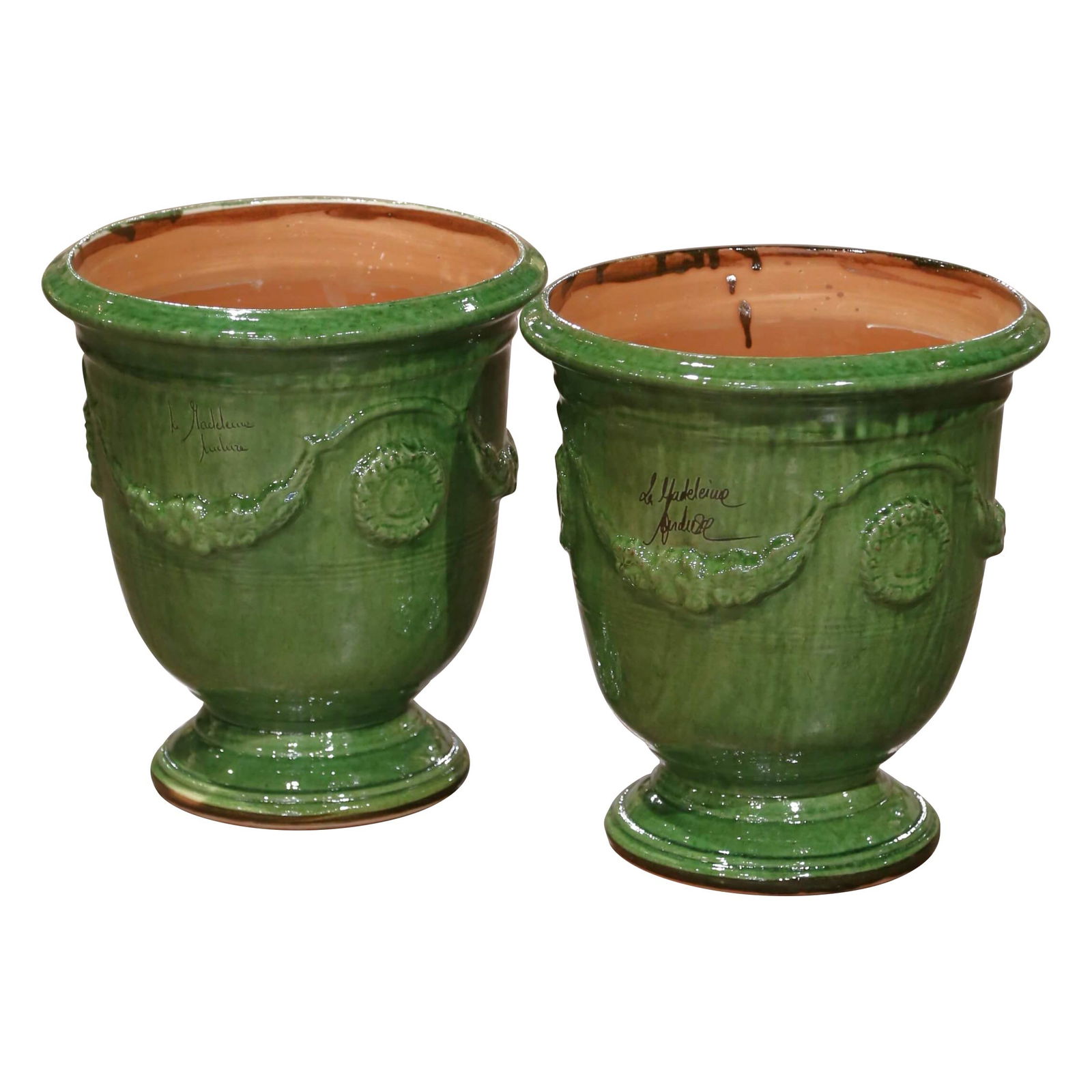 Set of 2 La Madeleine Green Glazed Terracotta Anduze Planters (1 of 9)
