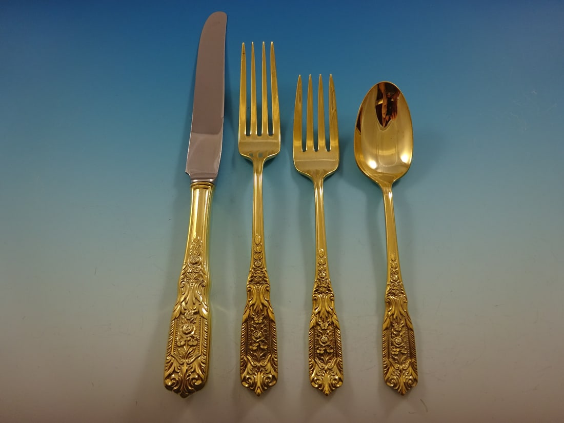 Milburn Rose Gold Vermeil Sterling Silver Flatware Set 32 Pc by Westmorland: Milburn Rose Gold Vermeil Sterling Silver Flatware Set 32 Pc by Westmorland Elevate your dining experience with the Milburn Rose Sterling Silver Flatware Set by Westmorland. This exquisite 32-piece se