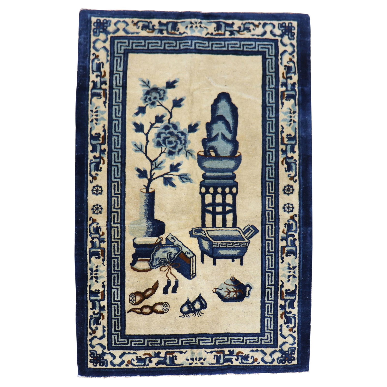 Antique 1920s Tibetan Hand-Knotted Chinese Rug Tan Blue 44 x 67: Antique 1920s Tibetan Hand-Knotted Chinese Rug Tan Blue 44 x 67 Discover a stunning early 20th century Chinese Oriental rug showcasing a beautiful tan and blue color palette with a whimsical motif. Th