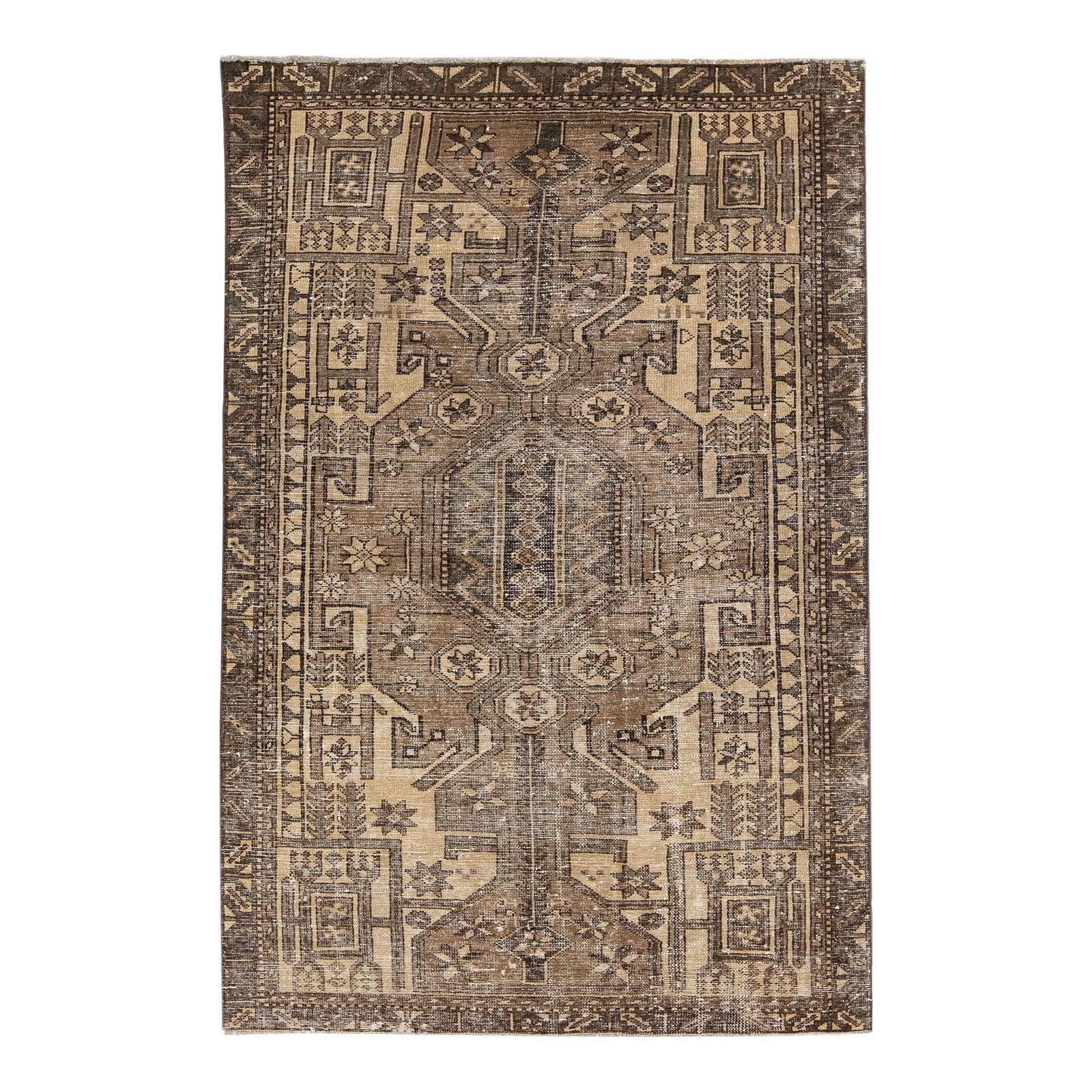 1960s Vintage Persian Tribal Brown Wool Rug 4'4 x 6'7: 1960s Vintage Persian Tribal Brown Wool Rug 4'4 x 6'7 This stunning vintage Persian rug features a distressed hand-knotted design crafted from high-quality wool. The rich brown color field is beautifu