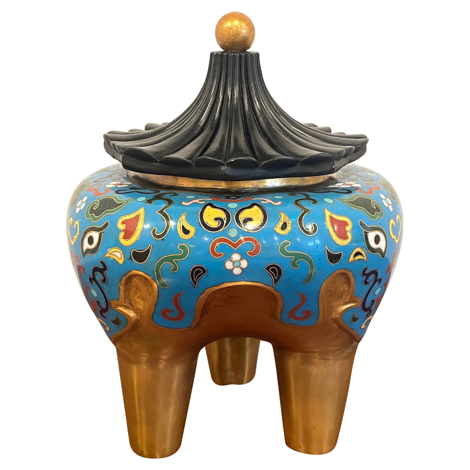 19th Century Chinese Cloisonne Lacquer Elephant Censor with Pagoda Lid: 19th Century Chinese Cloisonne Lacquer Elephant Censor with Pagoda Lid This exquisite 19th Century Chinese Archaic Style Cloisonne & Lacquer Censor features an elegant elephant motif, reflecting the r